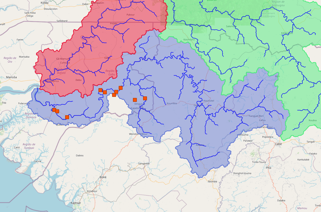 Carte interactive - Points de mesures d'ADN environnemental dans le bassin Corubal